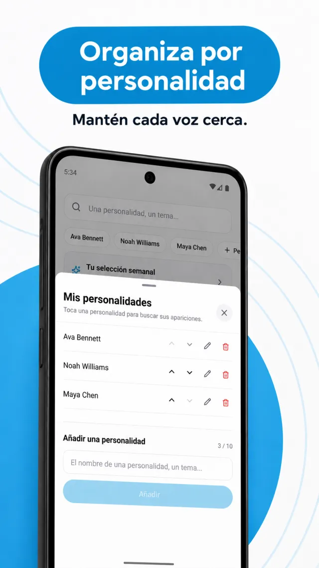 Pantalla de personas y temas seguidos en Fantrack en español