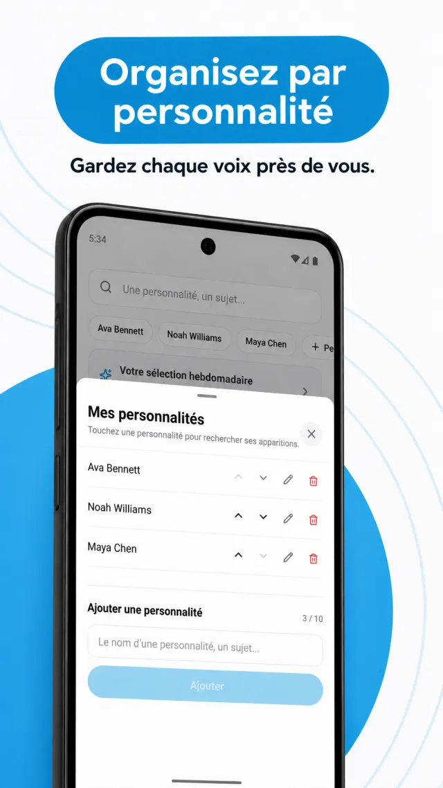 Écran des personnalités et sujets suivis dans Fantrack en français