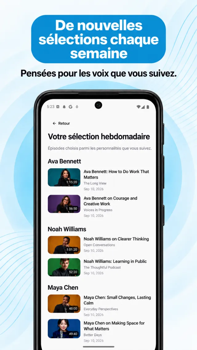 Écran de sélection hebdomadaire de Fantrack en français